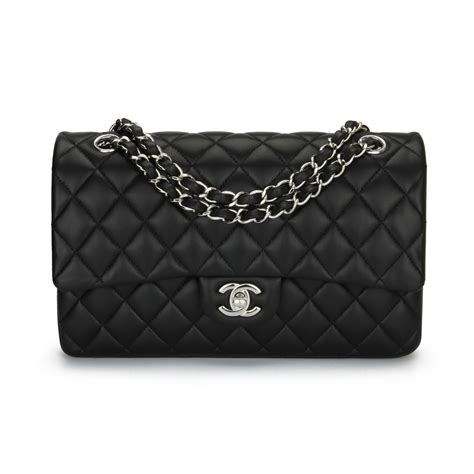 chanel classic double flap quilted lambskin silver-tone medium black|chanel black flap bag.